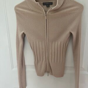 Moxie Ribbed Zip-Front Cardigan in Light Beige